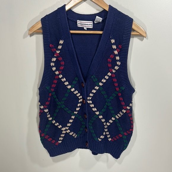 Vintage Westbound Blue V-Neck Sweater Argyle Knit Buttoned Vest - Picture 1 of 6